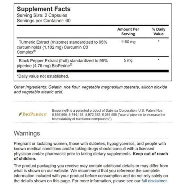 Turmeric Ext Curcumin C3 Complex with BioPerine, 1,160 mg per serving, 120 Capsules - Image 2