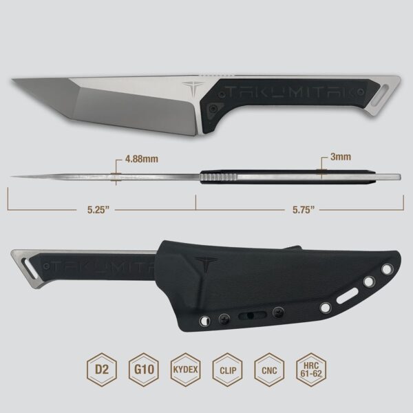 Tactical Knife TKF215SL - D2 Tanto Blade, G10 Handle, Kydex Sheath, MOLLE Clip - Image 3