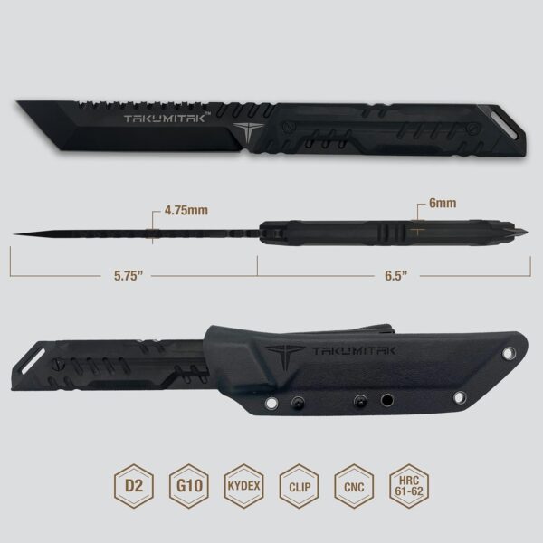 Tactical Knife TKF216BK - D2 Tanto Blade, G10 Handle, Kydex Sheath, MOLLE Clip - Image 2