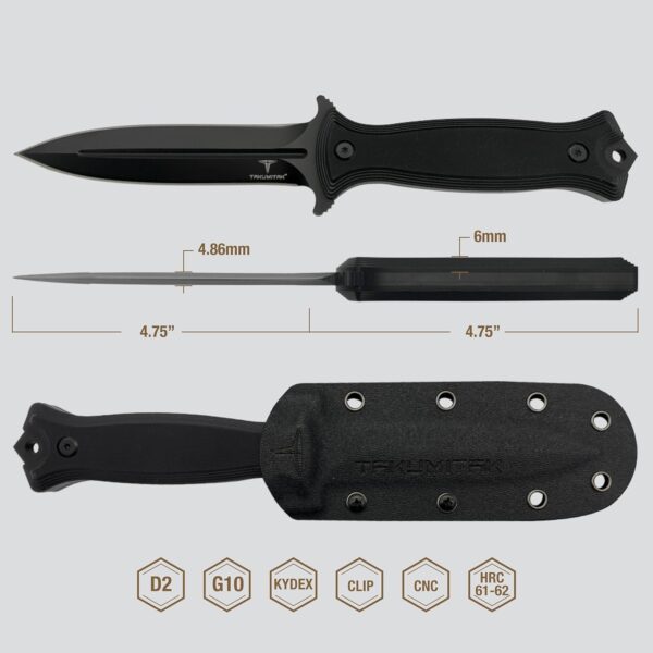 Tactical Knife TKF202BK - D2 Spear Point Blade, G10 Handle, Kydex Sheath, MOLLE Clip - Image 3