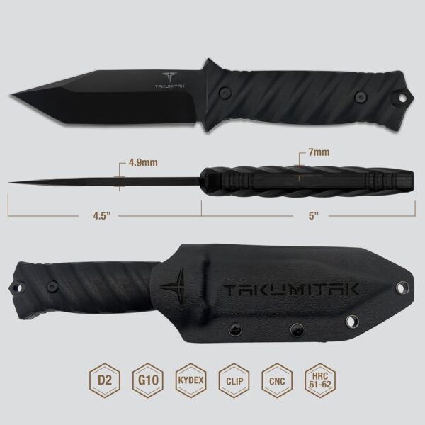 Tactical Knife TKF201BK - D2 Tanto Blade, G10 Handle, Kydex Sheath, MOLLE Clip - Image 3