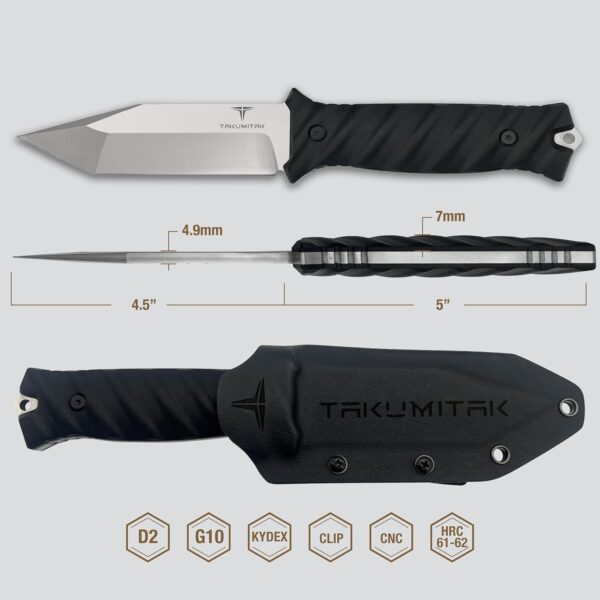 Tactical Knife TKF201SL - D2 Tanto Blade, G10 Handle, Kydex Sheath, MOLLE Clip - Image 3